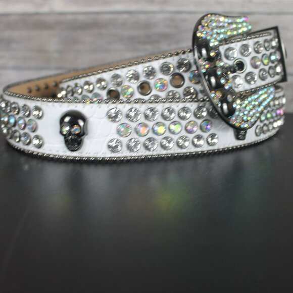 White Faux Leather Woman Belt Skull Rhinestone Western Motorcycle Bling Carnival main image 7